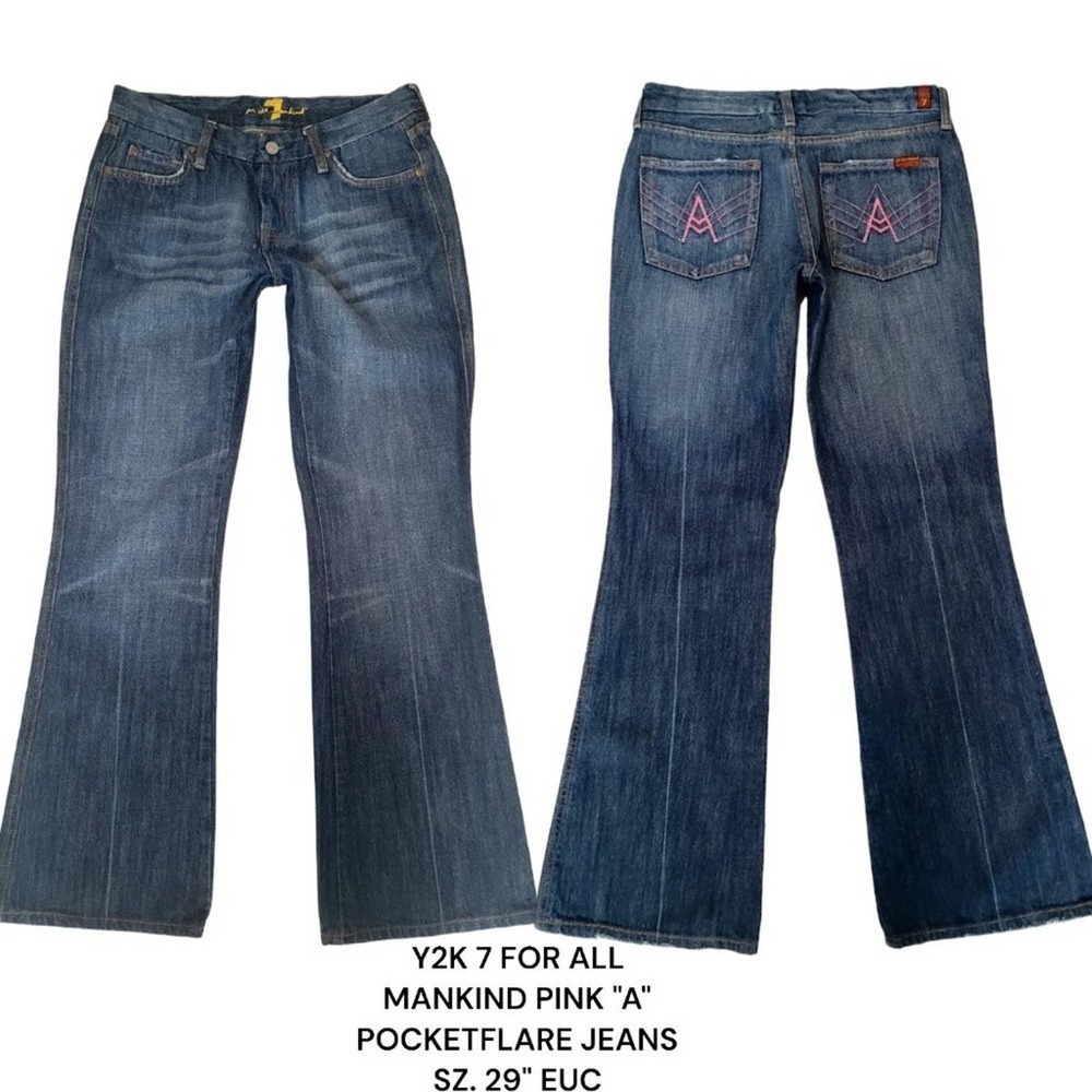 Y2K VTG 7 FOR ALL MANKIND A POCKET PINK STITCH FLARE JEANS SZ. 29" EUC